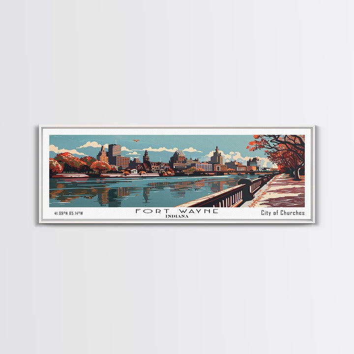 Fort Wayne Indiana Panoramic Painting, Framed Canvas Print, Mid Century Modern Wall Art, Retro Pop Art Travel Poster, Office Decor, City Art