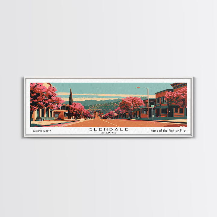 Glendale Arizona Panoramic Wall Art, Framed Canvas Print, Mid Century Modern Style, Retro Pop Art Travel Poster, Living Room Art, Home Decor, Cityscape