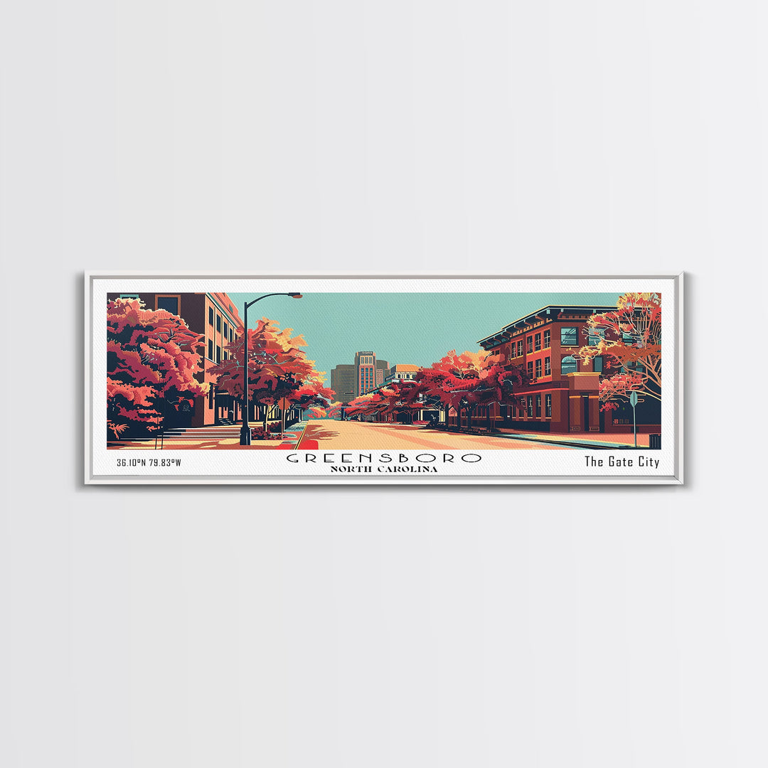 Greensboro North Carolina Panoramic Wall Art, Mid Century Modern Framed Canvas Print, Retro Pop Art Travel Poster, City Art, Living Room Decor, Home Office Decor