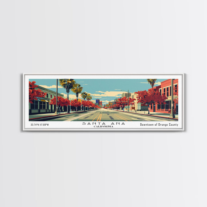 Santa Ana California Panoramic Wall Art, Mid Century Modern Framed Canvas Print, Retro Pop Art Cityscape, Travel Poster, Living Room Decor