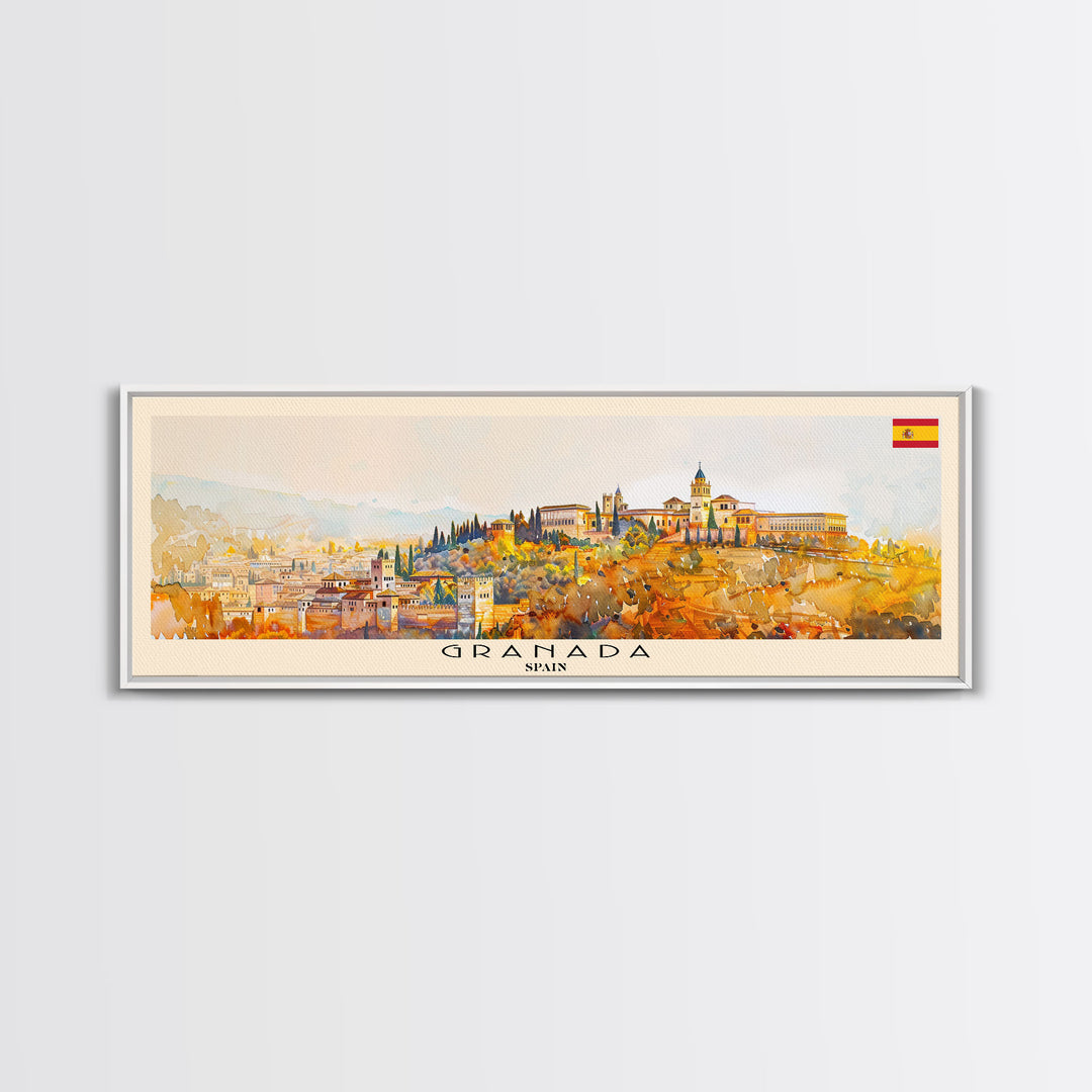 Granada Spain Panoramic Travel Poster, Framed Canvas Print or Metal Wall Art, Travel Art, Home Decor, Panoramic Painting, Midcentury Art