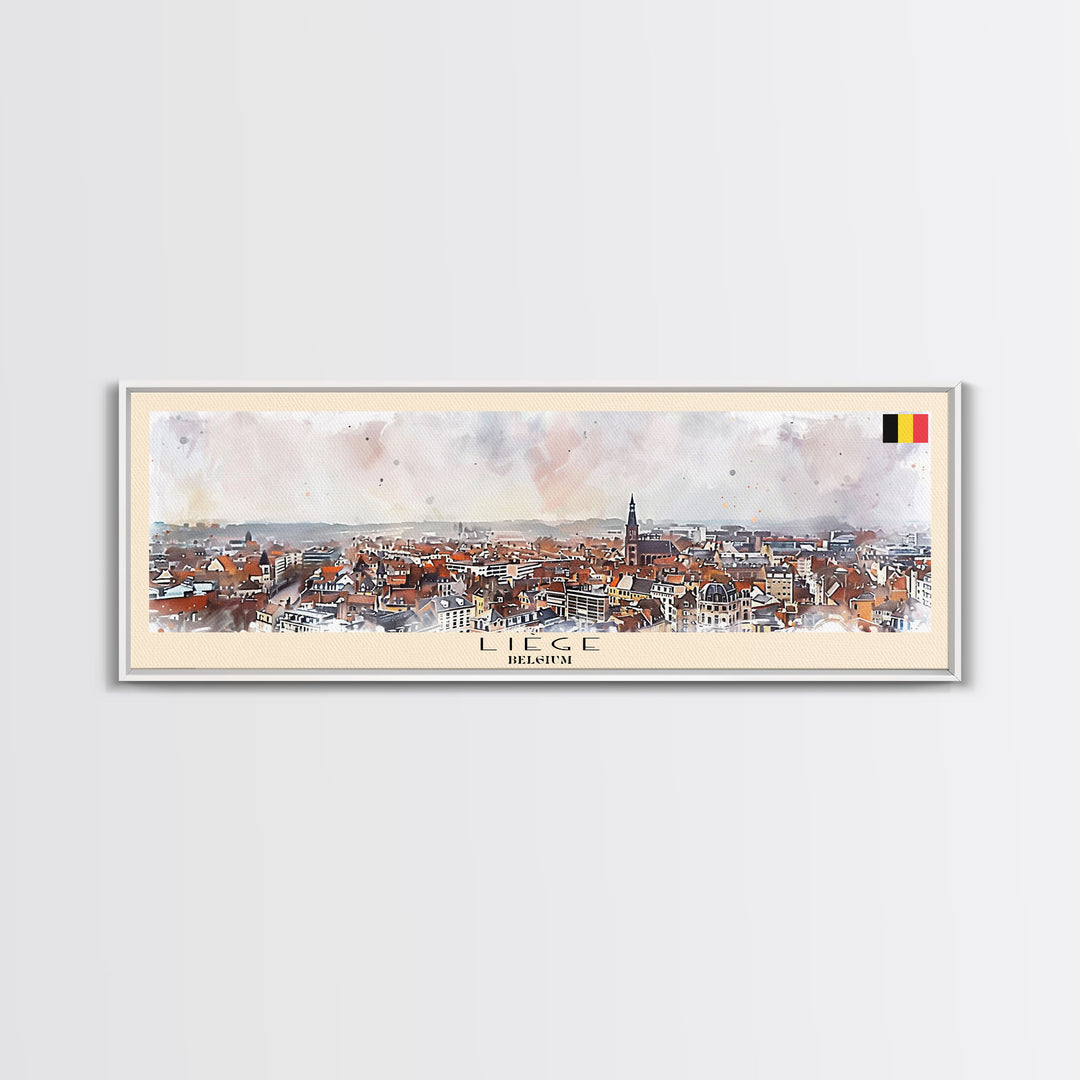 Liege Belgium Panoramic Travel Poster, Framed Canvas Print or Metal Wall Art, Travel Art, Home Decor, Panoramic Painting, Midcentury Art