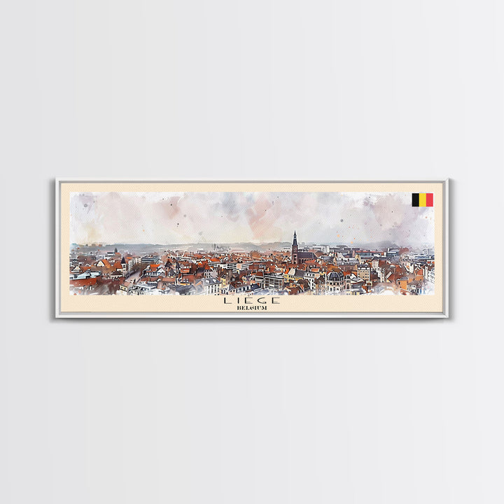 Liege Belgium Panoramic Travel Poster, Framed Canvas Print or Metal Wall Art, Travel Art, Home Decor, Panoramic Painting, Midcentury Art