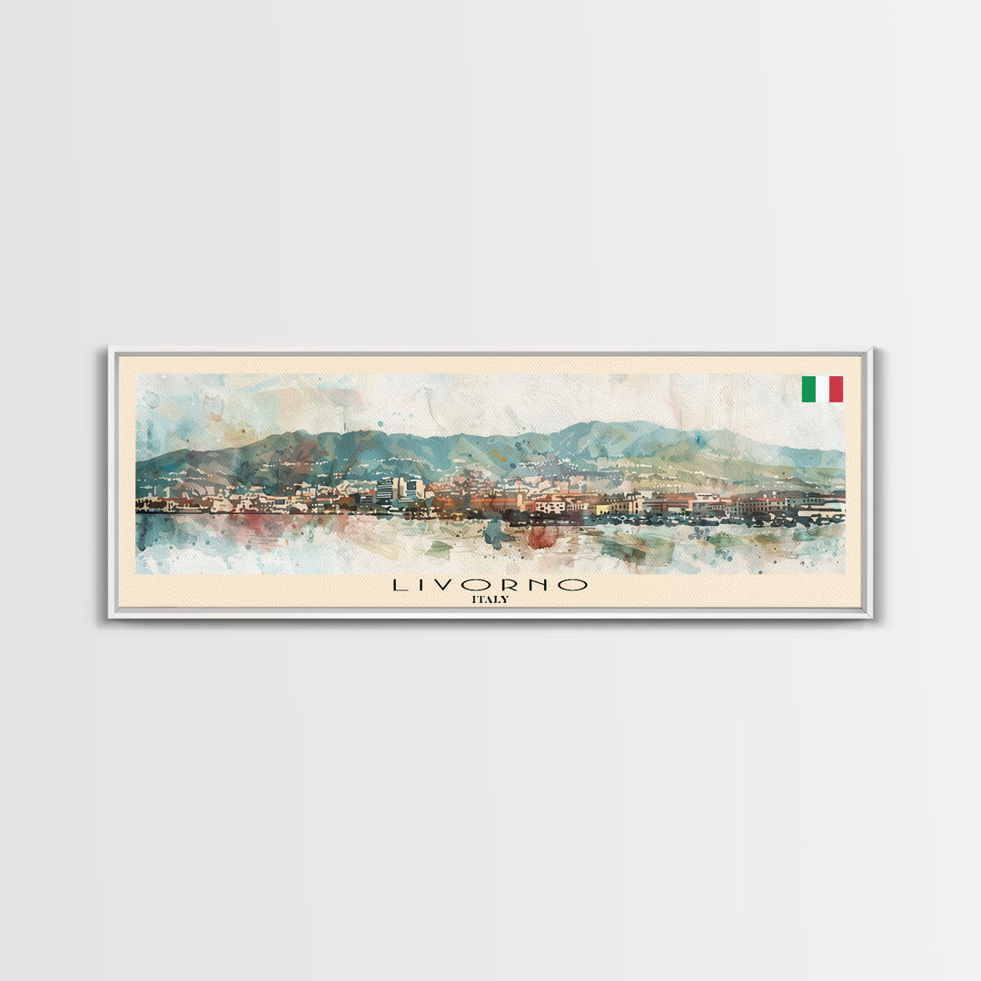 Livorno Italy Panoramic Travel Poster, Framed Canvas Print or Metal Wall Art, Travel Art, Home Decor, Panoramic Painting, Midcentury Art