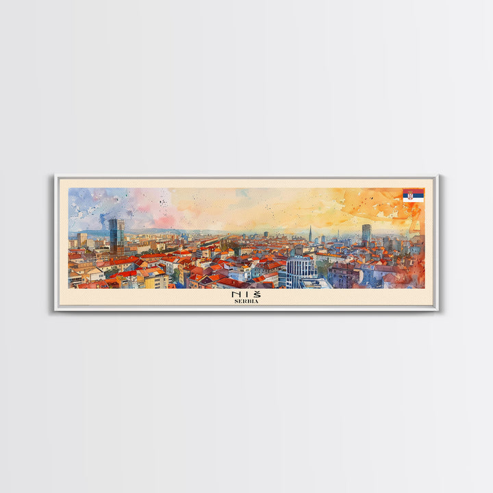 Niš Serbia Panoramic Travel Poster, Framed Canvas Print or Metal Wall Art, Travel Art, Home Decor, Panoramic Painting, Midcentury Art