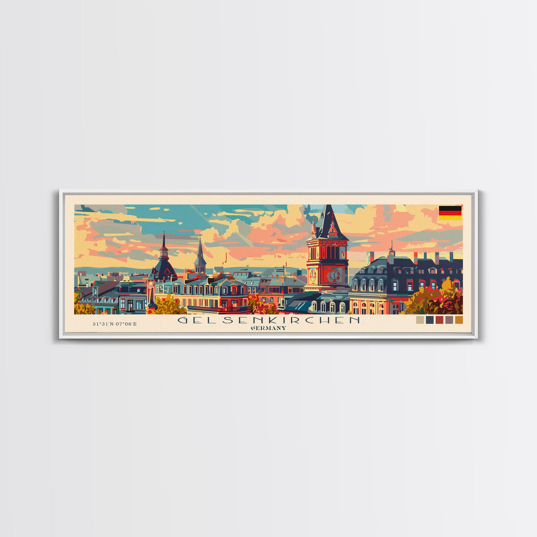 Gelsenkirchen Germany Panoramic Travel Poster, Framed Canvas Print or Metal Wall Art, Travel Art, Home Decor, Panoramic Painting, Midcentury Art