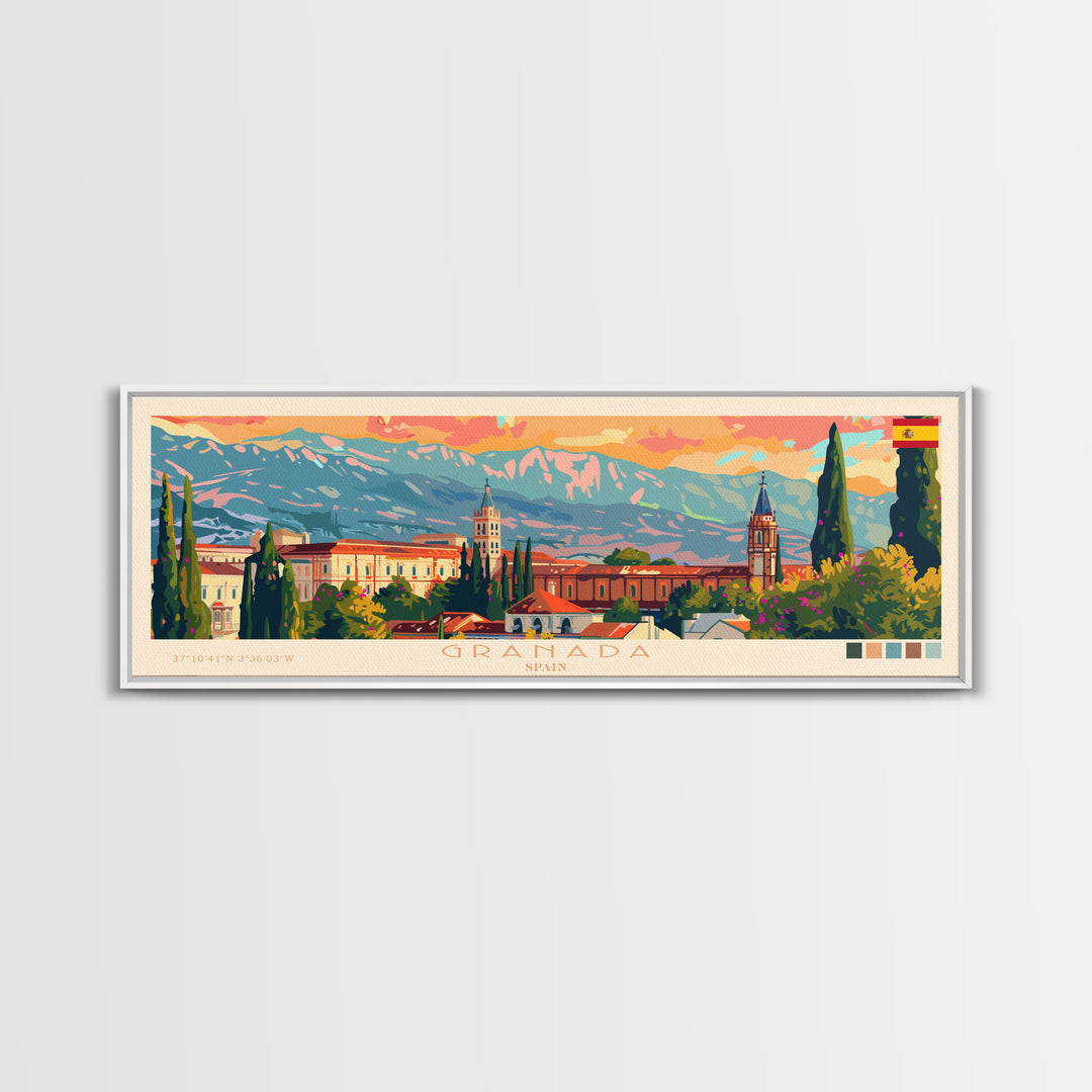 Granada Spain Panoramic Travel Poster, Framed Canvas Print or Metal Wall Art, Travel Art, Home Decor, Panoramic Painting, Midcentury Art