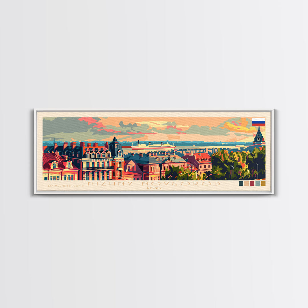 Nizhny Novgorod Panoramic Travel Poster, Framed Canvas Print or Metal Wall Art, Travel Art, Home Decor, Panoramic Painting, Midcentury Art