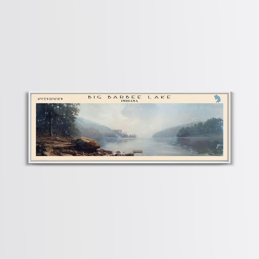 Big Barbee Lake Indiana Framed Canvas Print, Panoramic Lake House Art, Scenic Painting, Travel Poster, Rustic Decor, Nature Scene