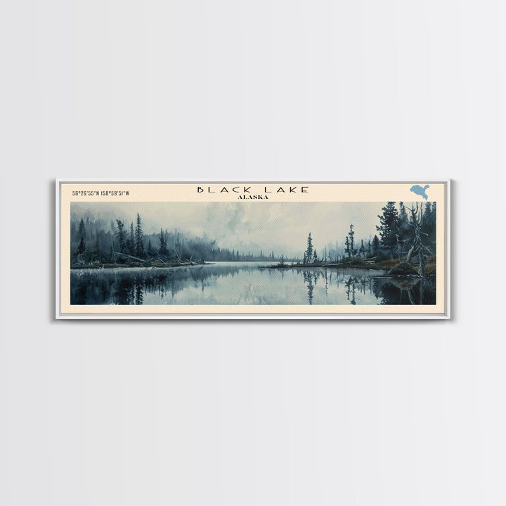 Black Lake USA SW Alaska Framed Canvas Print, Lake House Art, Panoramic Scenic View, Travel Poster, Rustic Art, Lake Painting