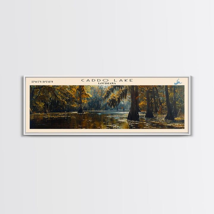 Caddo Lake Louisiana Framed Canvas Print, Lake House Decor, Panoramic Wall Art, Travel Poster, Rustic Lake Painting, Nature Art