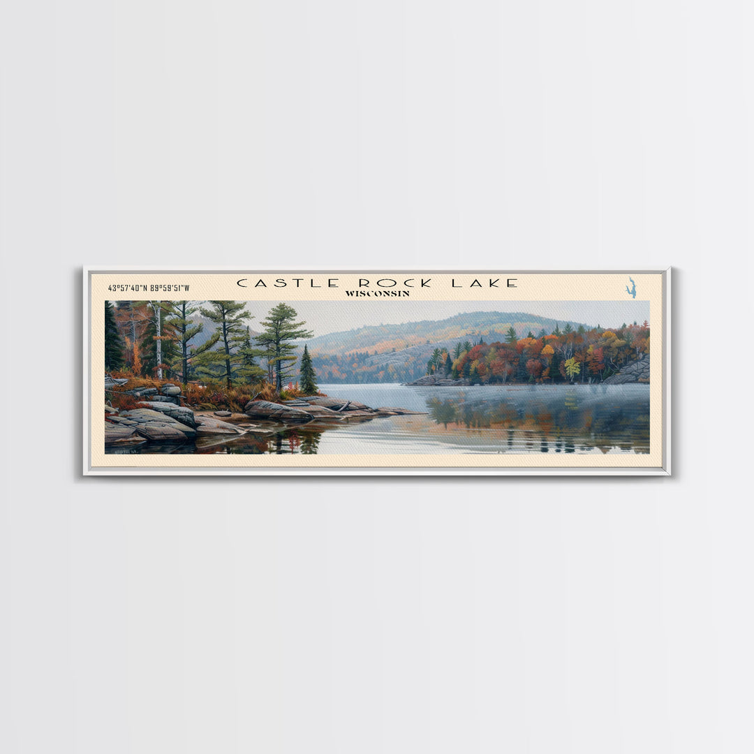 Castle Rock Lake Wisconsin Framed Canvas Print, Lake House Art, Panoramic Wall Art, Travel Poster, Modern Lake Painting, Home Decor