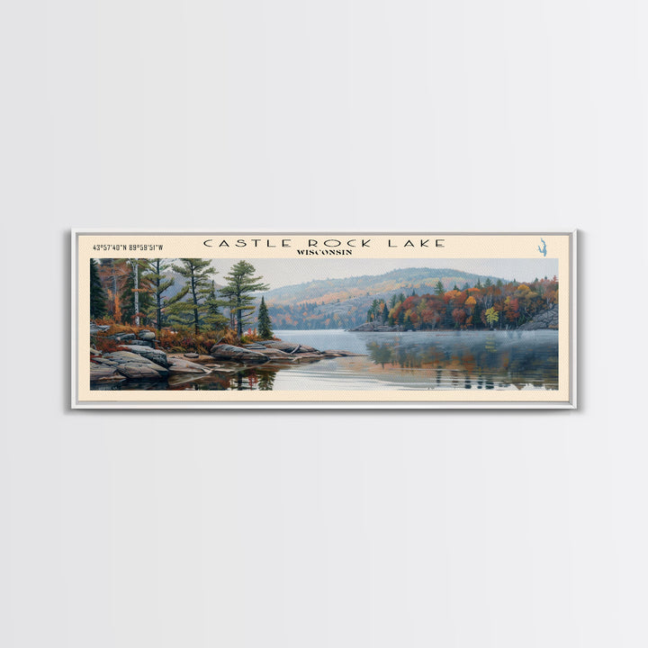 Castle Rock Lake Wisconsin Framed Canvas Print, Lake House Art, Panoramic Wall Art, Travel Poster, Modern Lake Painting, Home Decor