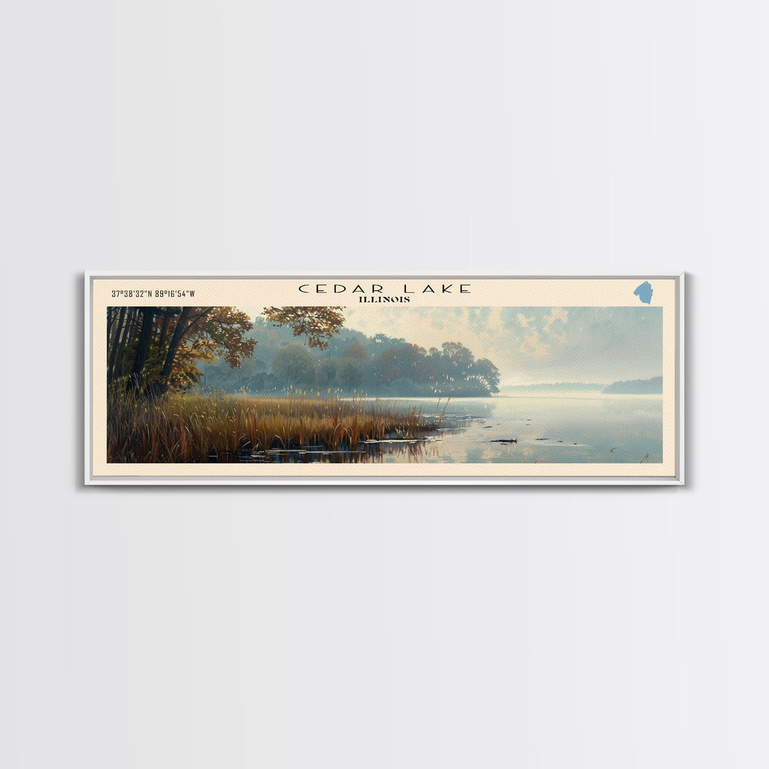 Cedar Lake Illinois Framed Canvas Print, Lake House Art, Panoramic Wide Art, Travel Poster, Minimalist Lake Painting, Home Decor