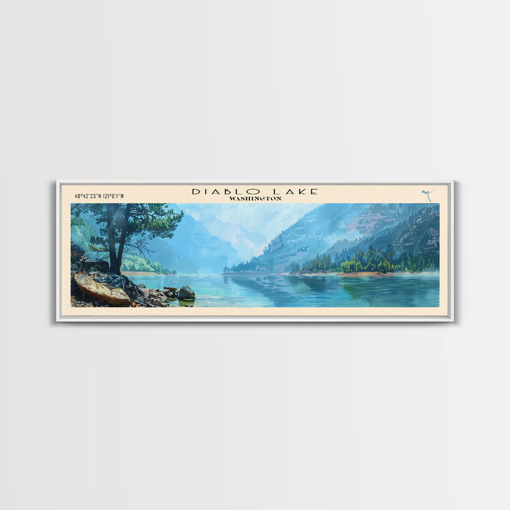 Diablo Lake Washington Framed Canvas Print, Lake House Art, Panoramic Wall Art, Travel Poster, Minimalist Lake Painting, Home Decor