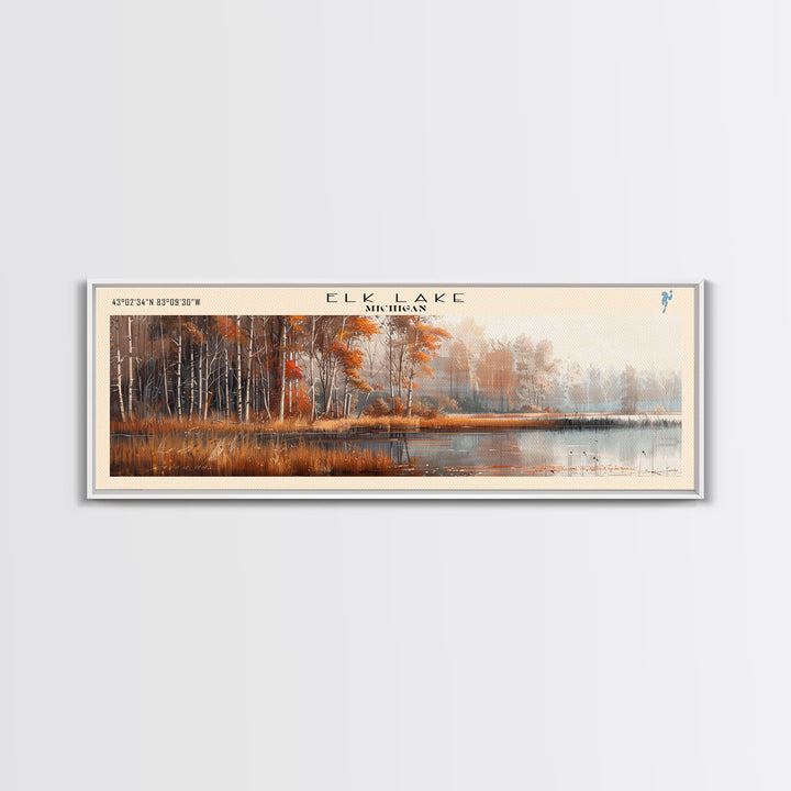 Elk Lake Michigan Framed Canvas Print, Lake House Art, Panoramic Wall Art, Travel Poster, Minimalist Lake Painting, Home Decor