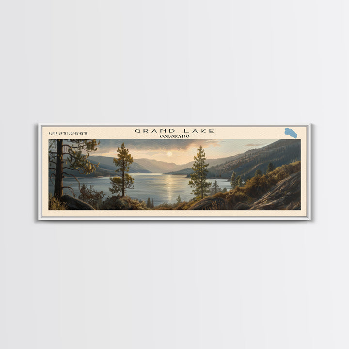 Grand Lake Colorado Framed Canvas Print, Panoramic Lake House Decor, Wall Art, Travel Poster, Stunning Lake Painting, Nature Art