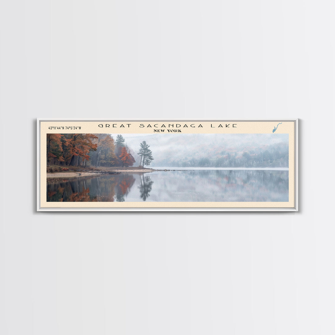 Great Sacandaga Lake Framed Canvas Print, Lake House Art, Panoramic Wall Art, Travel Poster, Serene Lake Painting, Home Decor