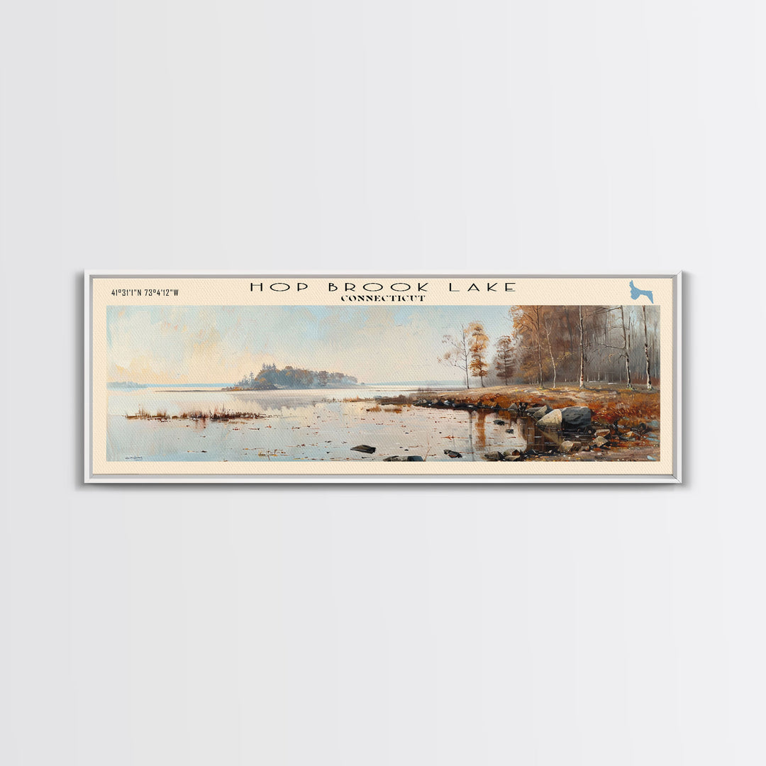 Hop Brook Lake Connecticut Framed Canvas Print, Lake House Art, Panoramic Wall Art, Travel Poster, Serene Lake Painting, Home Decor
