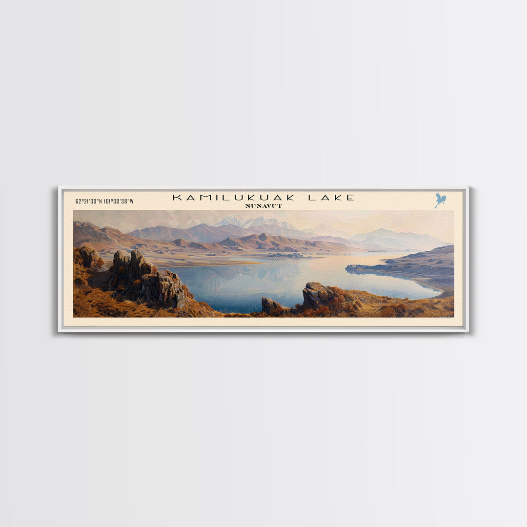 Kamilukuak Lake Framed Canvas Print, Lake House Decor, Panoramic Wall Art, Travel Poster, Captivating Lake Painting, Nature Art