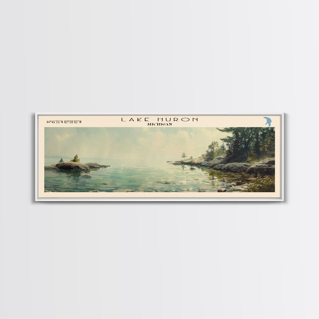 Lake Huron Framed Canvas Print, Lake House Decor, Panoramic Wall Art, Travel Poster, Serene Lake Painting, Home Art