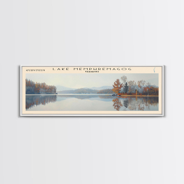 Lake Memphremagog Vermont Framed Canvas Print, Lake House Decor, Panoramic Wall Art, Travel Poster, Beautiful Landscape Painting, Bedroom Decor