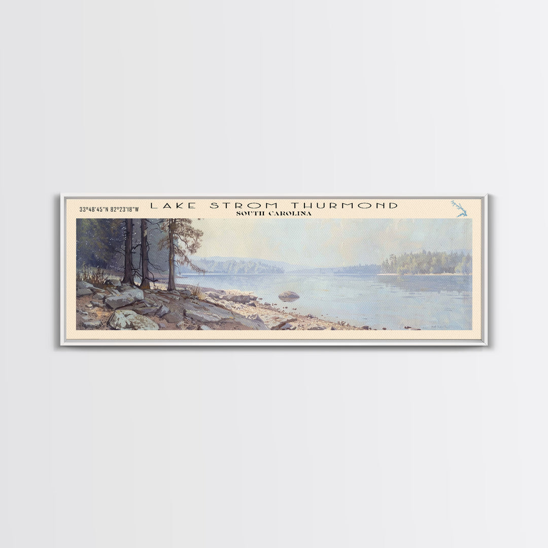 Lake Strom Thurmond South Carolina Framed Canvas Print, Lake House Decor, Panoramic Wall Art, Travel Poster, Serene Landscape Painting, Bedroom Decor