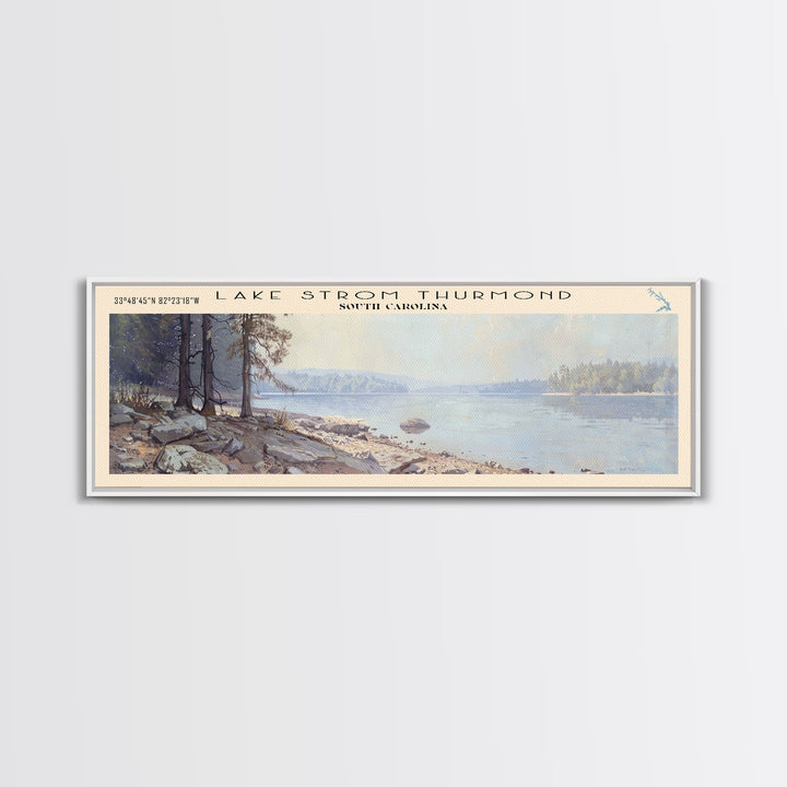 Lake Strom Thurmond South Carolina Framed Canvas Print, Lake House Decor, Panoramic Wall Art, Travel Poster, Serene Landscape Painting, Bedroom Decor