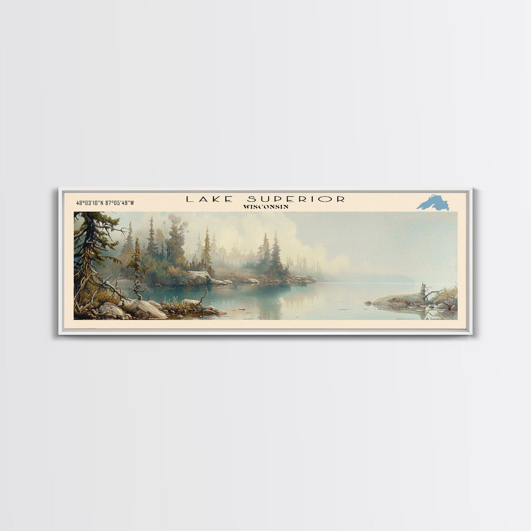 Lake Superior Framed Canvas Print, Lake House Decor, Panoramic Wall Art, Travel Poster, Beautiful Landscape Painting, Modern Art