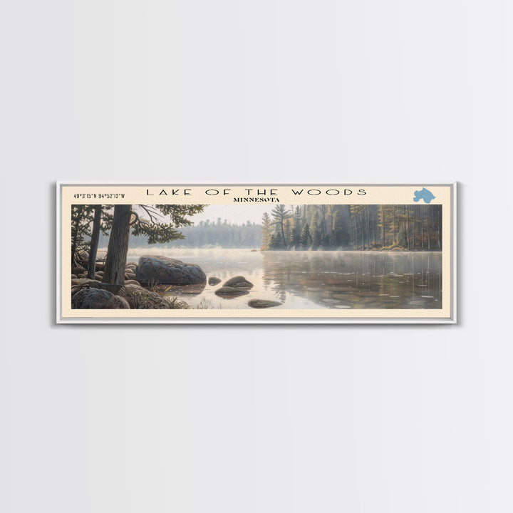 Lake of the Woods Framed Canvas Print, Lake House Decor, Panoramic Wall Art, Travel Poster, Landscape Painting, Contemporary Art
