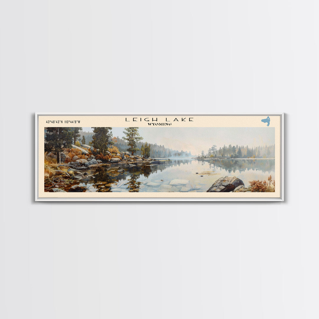 Leigh Lake Wyoming Framed Canvas Print, Lake House Decor, Panoramic Wall Art, Travel Poster, Beautiful Landscape Painting, Living Room Decor