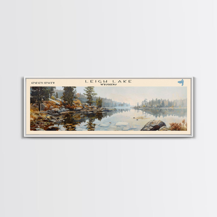 Leigh Lake Wyoming Framed Canvas Print, Lake House Decor, Panoramic Wall Art, Travel Poster, Beautiful Landscape Painting, Living Room Decor
