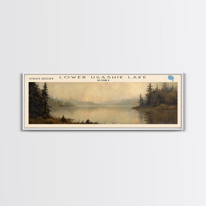 Martre R Gomez Reservoir Framed Canvas Print, Lake House Decor, Panoramic Wall Art, Travel Poster, Scenic Landscape Painting, Contemporary Art