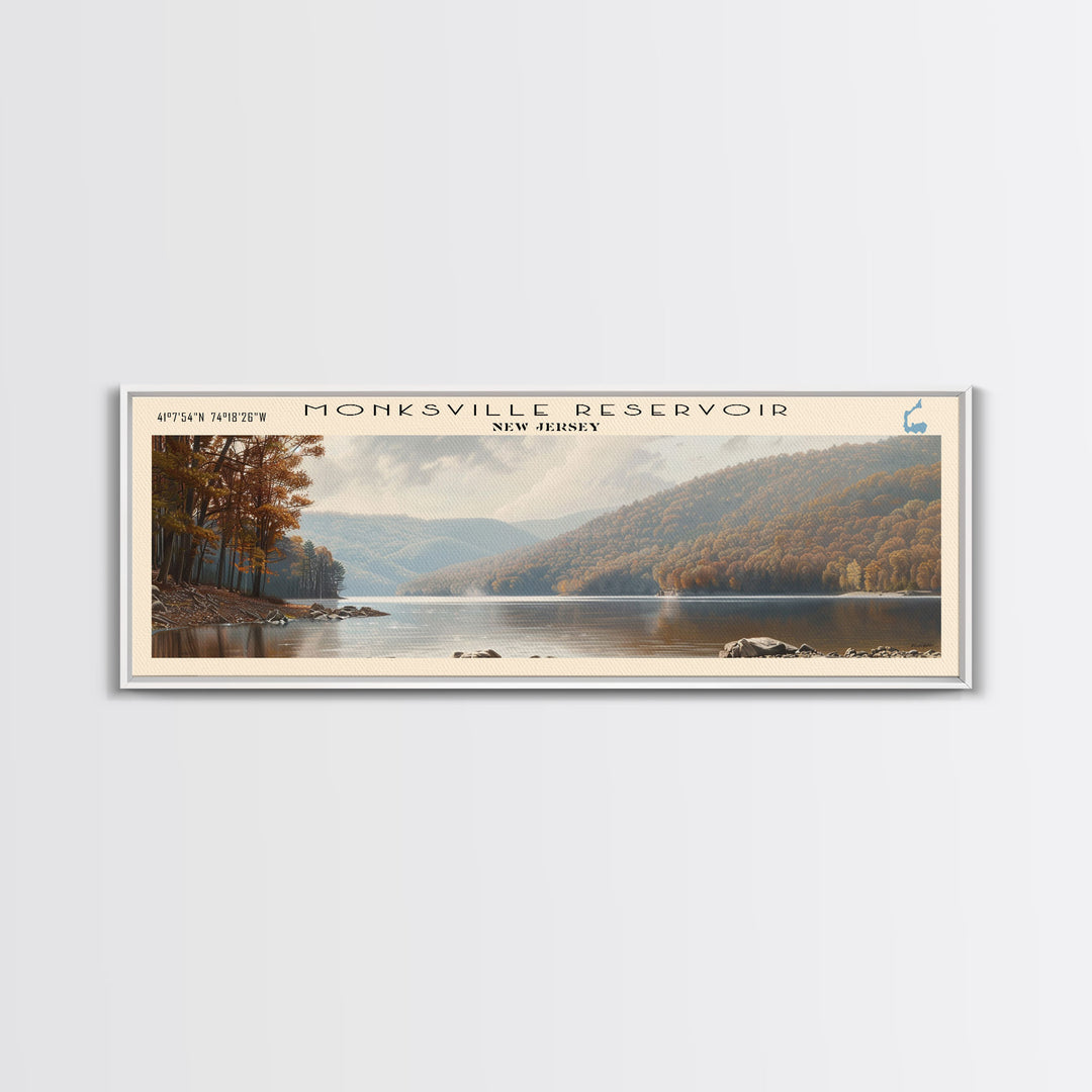 Monksville Reservoir New Jersey Framed Canvas Print, Lake House Decor, Panoramic Wall Art, Travel Poster, Landscape Painting, Bedroom Decor