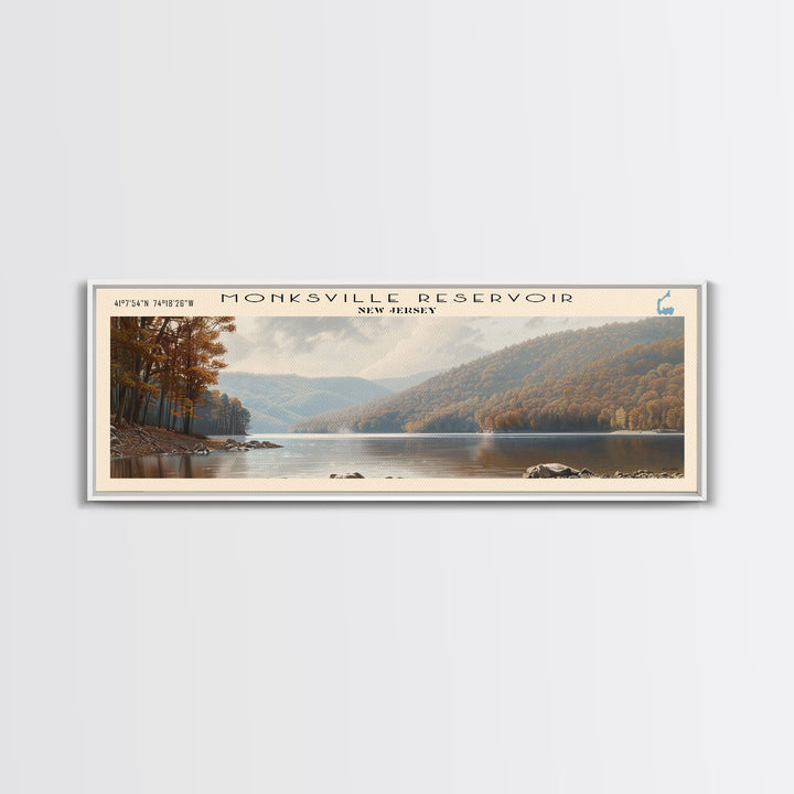 Monksville Reservoir New Jersey Framed Canvas Print, Lake House Decor, Panoramic Wall Art, Travel Poster, Landscape Painting, Bedroom Decor