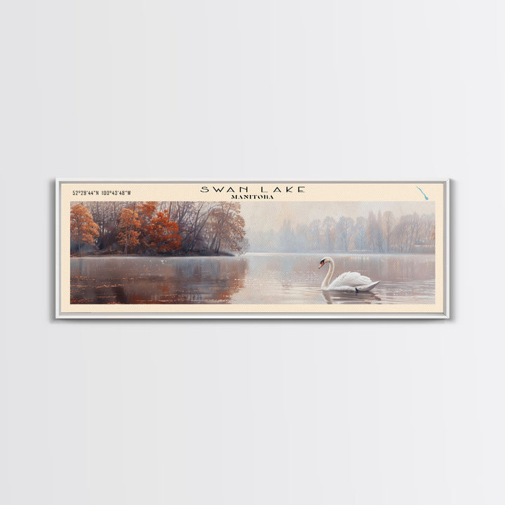 Swan Lake Panoramic Wall Art, Framed Canvas Print, Lake House Decor, Travel Poster, Scenic Lake Painting, Living Room Decor