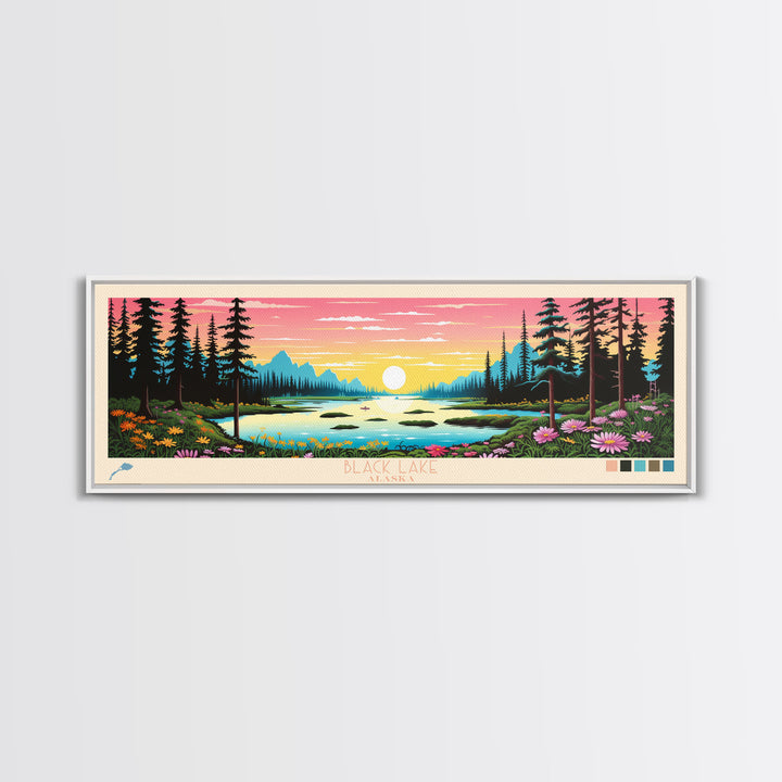 Black Lake Southwest Alaska Framed Canvas Print, Panoramic Travel Poster, Midcentury Modern Wall Art, Pop Art, Nature Bedroom Decor, Scenic Lake House Art