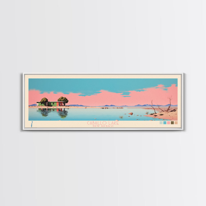 Caballo Lake New Mexico Framed Canvas Print, Midcentury Modern Panoramic Wall Art, Living Room Decor, Pop Art, Travel Poster Art, Scenic Nature Painting