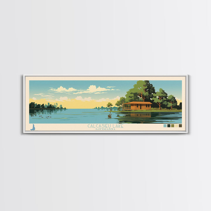 Calcasieu Lake Louisianna Framed Canvas Print, Pop Art Panoramic Travel Poster, Midcentury Modern, Wall Art, Scenic Nature Painting, Bedroom Decor