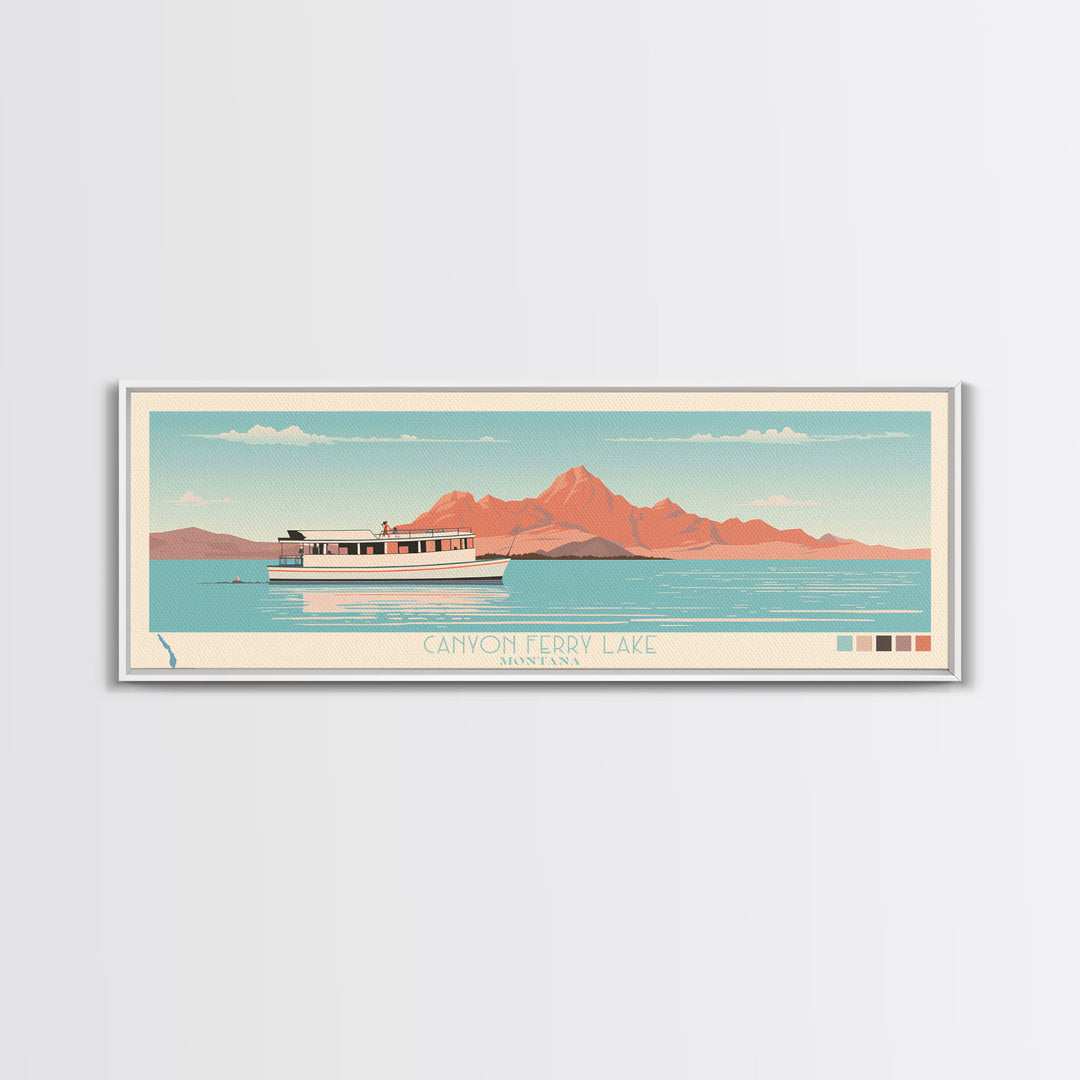 Canyon Ferry Lake Montana Framed Canvas Print, Pop Art Panoramic Travel Poster, Bedroom Decor, Midcentury Modern, Wall Art, Scenic Lake House, Nature Art
