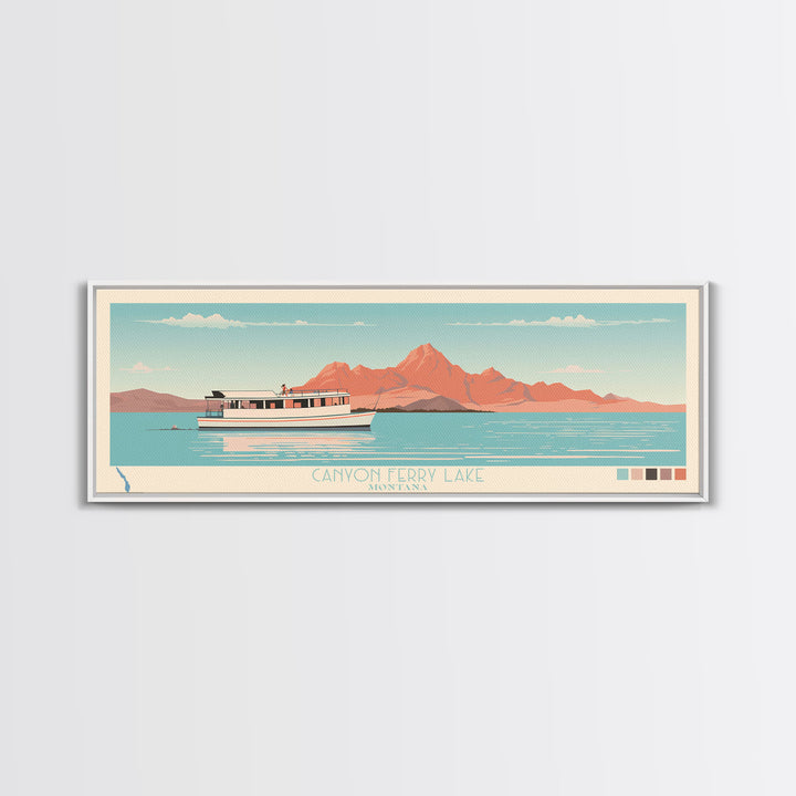 Canyon Ferry Lake Montana Framed Canvas Print, Pop Art Panoramic Travel Poster, Bedroom Decor, Midcentury Modern, Wall Art, Scenic Lake House, Nature Art