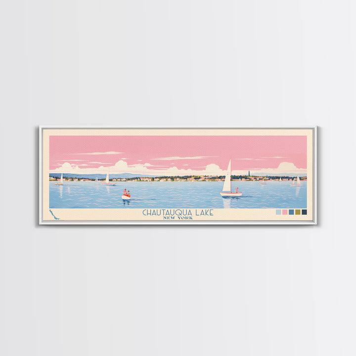 Chautauqua Lake New York Framed Canvas Print, Pop Art Panoramic Travel Poster, Midcentury Modern, Wall Art, Scenic Nature Painting, Bedroom Decor, Living Room Art