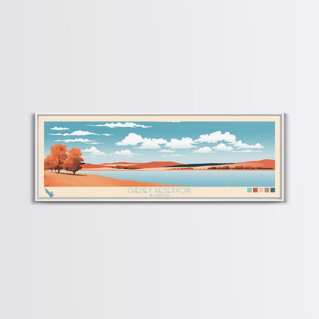 Cheney Reservoir Kansas Framed Canvas Print, Midcentury Modern Panoramic Wall Art, Living Room Decor, Pop Art, Travel Poster Art, Scenic Nature Painting, Lake House Decor