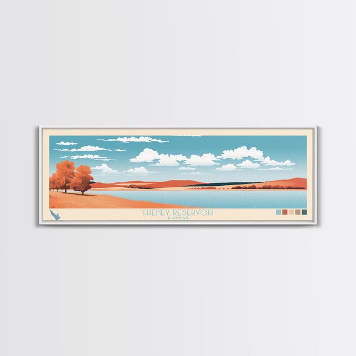 Cheney Reservoir Kansas Framed Canvas Print, Midcentury Modern Panoramic Wall Art, Living Room Decor, Pop Art, Travel Poster Art, Scenic Nature Painting, Lake House Decor