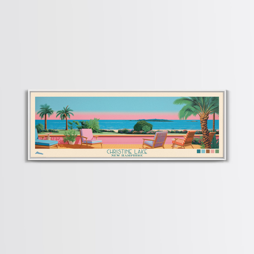 Christine Lake New Hamphire Framed Canvas Print, Pop Art Panoramic Travel Poster, Midcentury Modern, Wall Art, Scenic Nature Painting, Bedroom Decor, Living Room Art