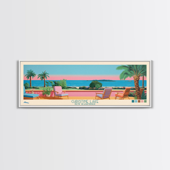 Christine Lake New Hamphire Framed Canvas Print, Pop Art Panoramic Travel Poster, Midcentury Modern, Wall Art, Scenic Nature Painting, Bedroom Decor, Living Room Art
