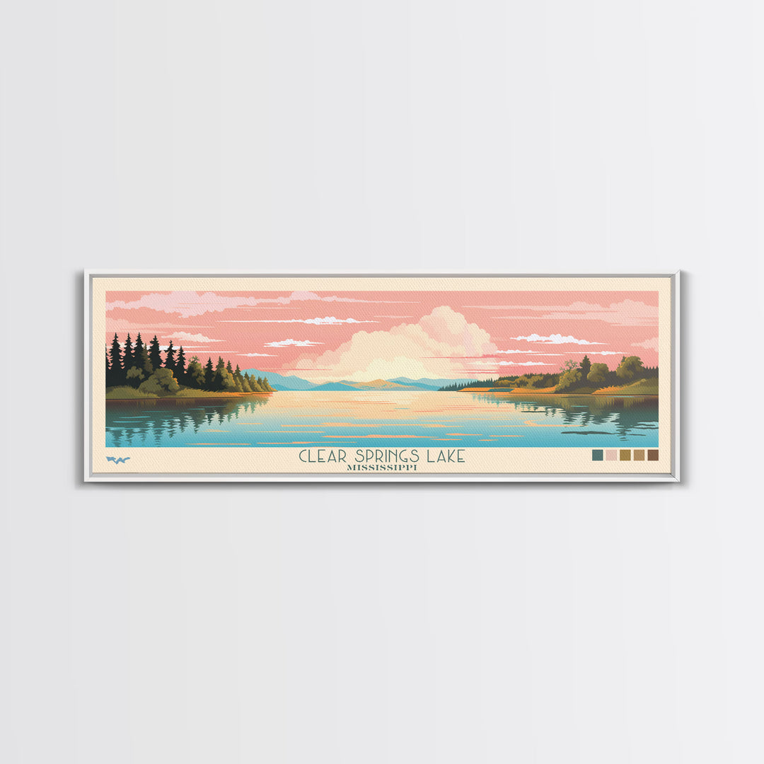 Clear Springs Lake Mississippi Framed Canvas Print, Pop Art Panoramic Travel Poster, Midcentury Modern, Wall Art, Scenic Nature Painting, Bedroom Decor, Living Room Art