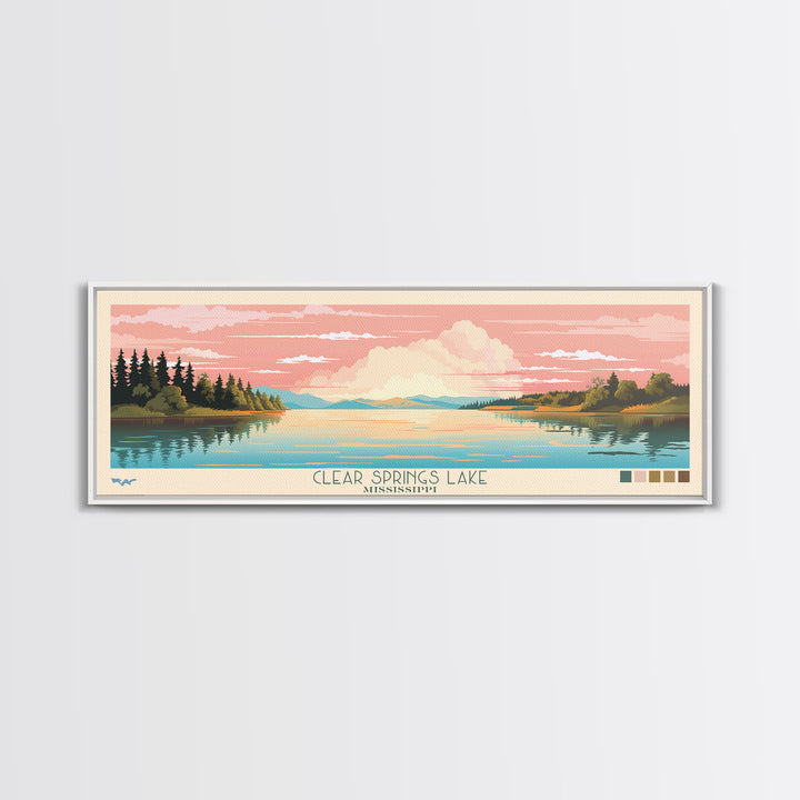 Clear Springs Lake Mississippi Framed Canvas Print, Pop Art Panoramic Travel Poster, Midcentury Modern, Wall Art, Scenic Nature Painting, Bedroom Decor, Living Room Art