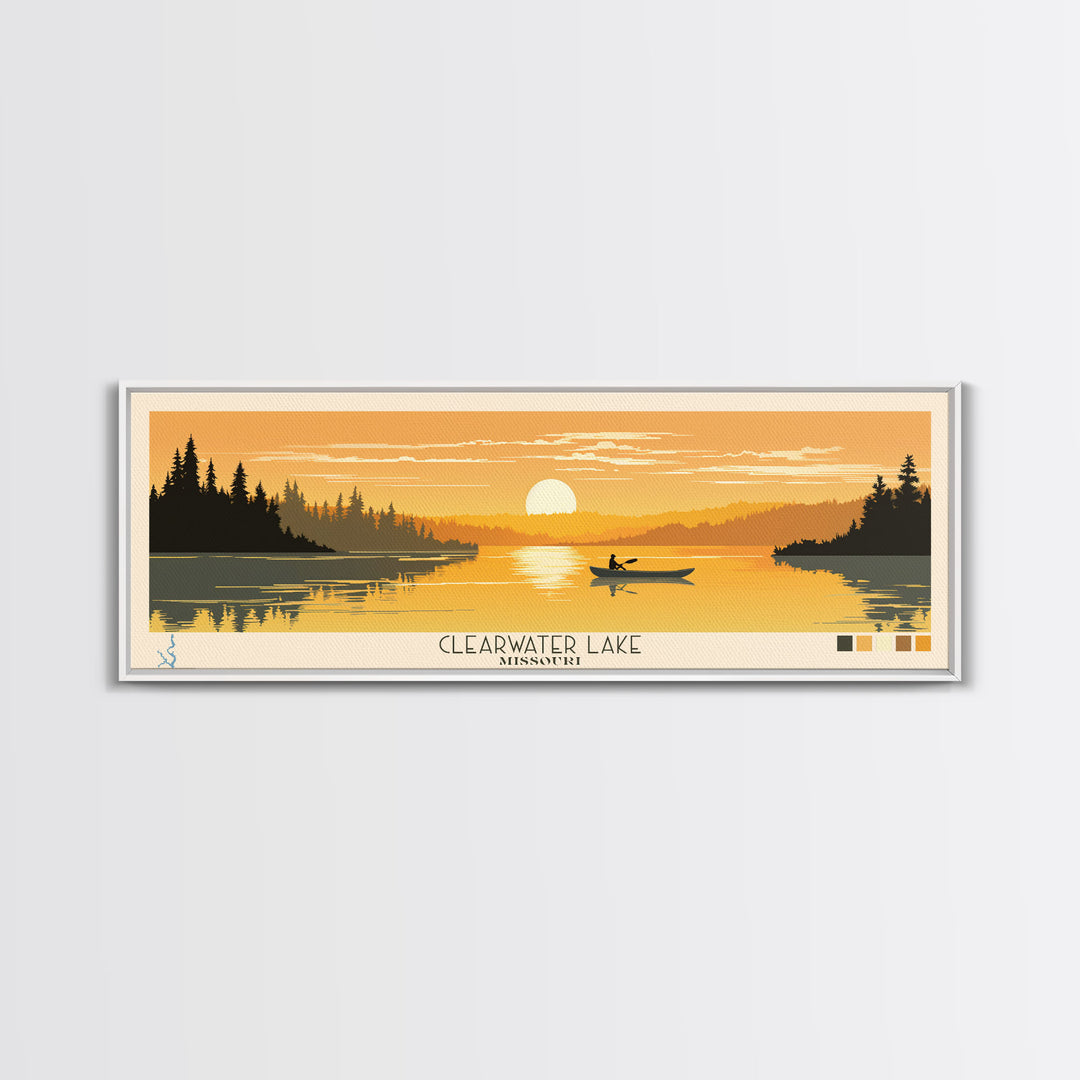 Clearwater Lake Missouri Framed Canvas Print, Pop Art Panoramic Travel Poster, Midcentury Modern, Wall Art, Scenic Nature Painting, Bedroom Decor, Living Room Art