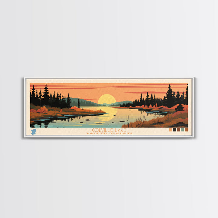 Colville Lake Northwest Territories Framed Canvas Print, Pop Art Panoramic Travel Poster, Bedroom Decor, Midcentury Modern, Wall Art, Scenic Lake House, Nature Art